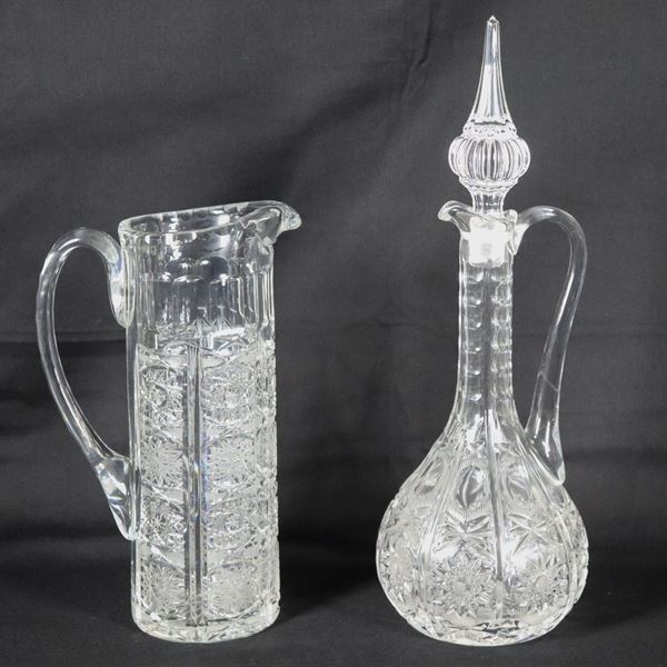 Pitcher and bottle for wine in diamond-pointed crystal