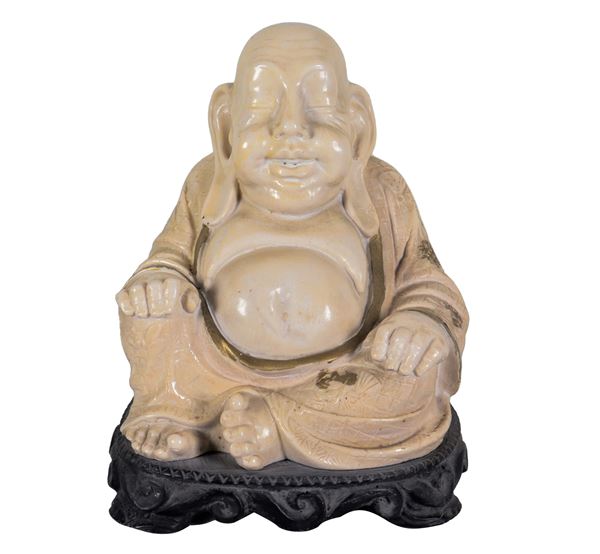 "Buddha", antica scultura in pietra dura bianca e oro