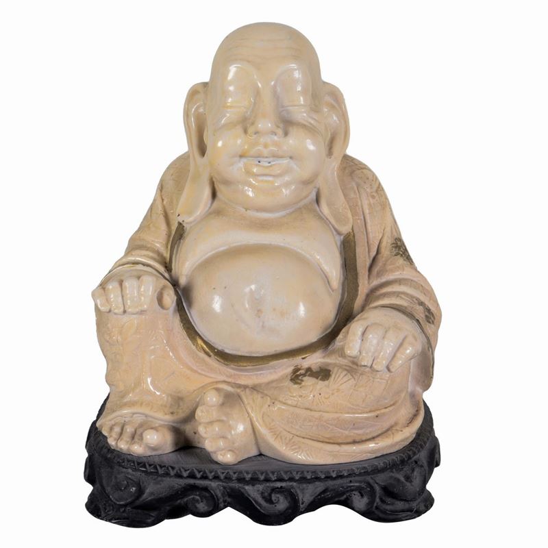 "Buddha", antica scultura in pietra dura bianca e oro