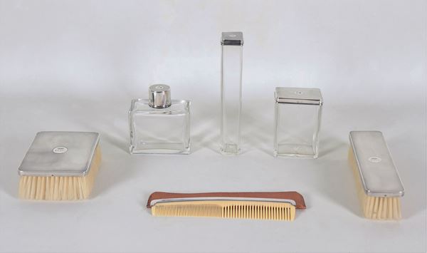 Toilet set in crystal and 925 silver, with crown and engraved monogram (6 pcs)