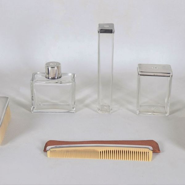 Servizio da toletta in cristallo e argento Titolo 925, con corona e monogramma inciso (6 pz)