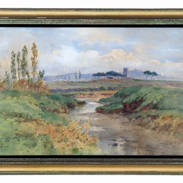Filippo Anivitti - Signed. "View of the Roman countryside with tower and glimpse of the Tiber", luminous watercolor on paper