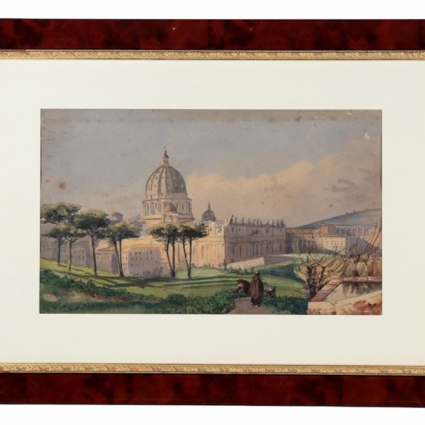 Scuola Romana XIX Secolo - "View of St. Peter with Fraticelli", watercolor on paper