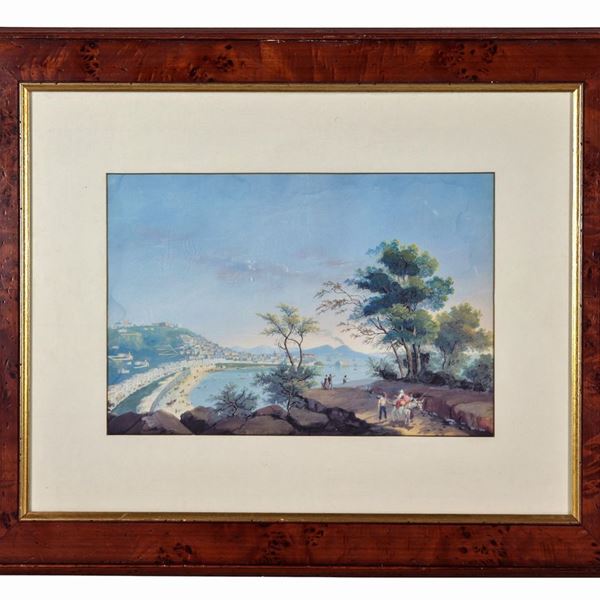 Scuola Napoletana XIX Secolo - "Veduta del Golfo di Napoli con personaggi e Vesuvio sullo sfondo", pregevole gouache su carta