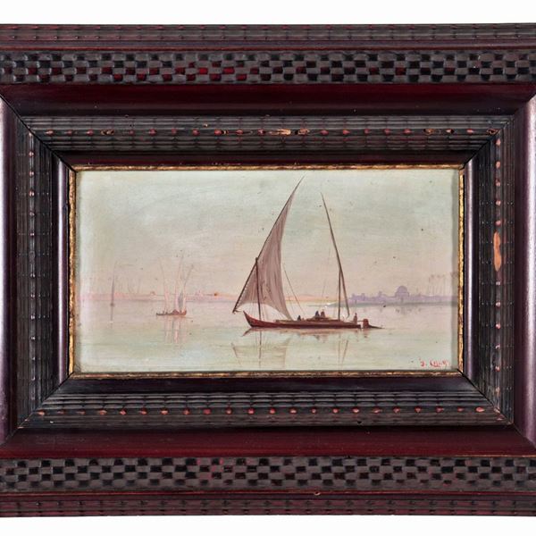 Pittore Orientalista Inizio XX Secolo - Signed. "Boats on the Nile with Cairo in the background", small oil painting on panel