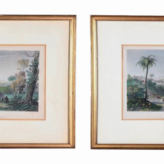 "Veduta di Castel Gandolfo" e "Veduta dell'Etna da Reggio Calabria", coppia di piccole incisioni a colori