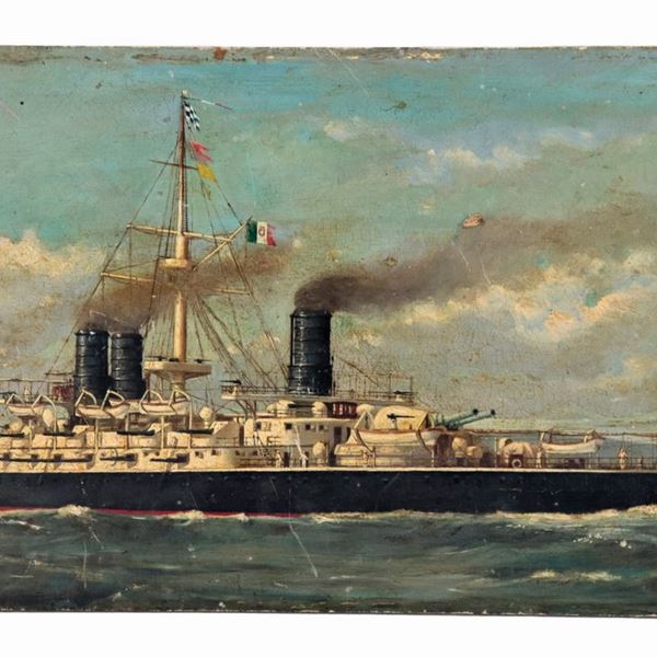 Pittore Italiano Fine XIX Secolo - Firmato e datato 1897. "Nave da guerra della Marina Italiana", dipinto ad olio su tavoletta