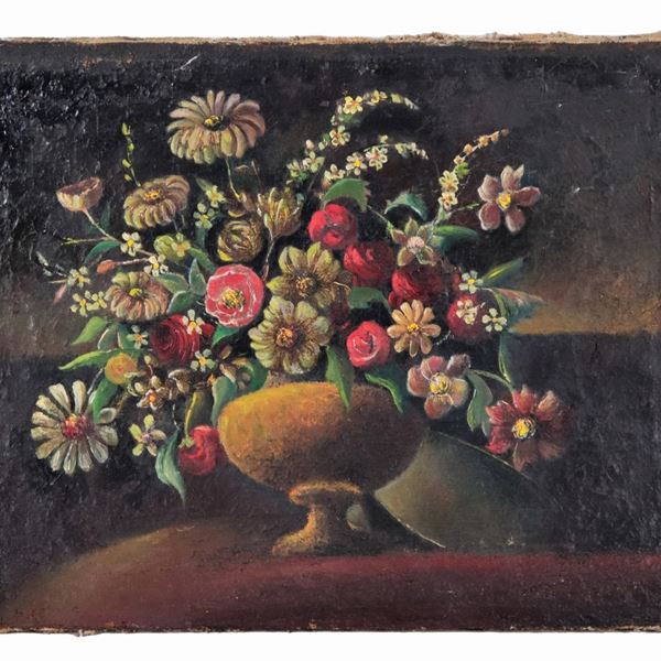 Scuola Italiana Fine XIX Secolo - "Anfora con mazzo di fiori", piccolo dipinto ad olio su tela