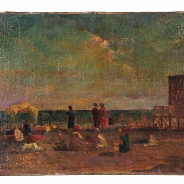 Luigi Cicerchia - Firmato e datato Ostia 1926. "Bagnanti e personaggi sulla spiaggia di Ostia", piccolo dipinto ad olio su tela