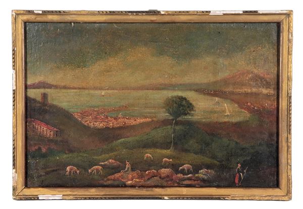 Scuola Napoletana Fine XIX Secolo - "Veduta del Golfo di Napoli con il Vesuvio, pastorelli e gregge", piccolo dipinto ad olio su tavoletta