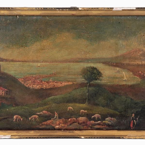 Scuola Napoletana Fine XIX Secolo - "Veduta del Golfo di Napoli con il Vesuvio, pastorelli e gregge", piccolo dipinto ad olio su tavoletta