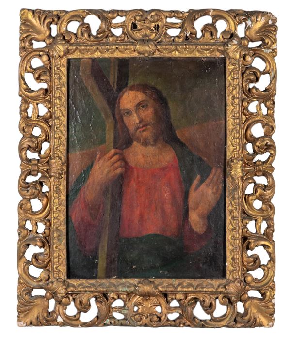 Foglietti Giuseppe Met&#224; XIX Secolo - Firmato. "Gesù che porta la croce", piccolo dipinto ad olio su tela applicata a cartone