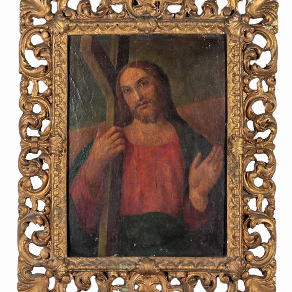 Foglietti Giuseppe Met&#224; XIX Secolo - Firmato. "Gesù che porta la croce", piccolo dipinto ad olio su tela applicata a cartone