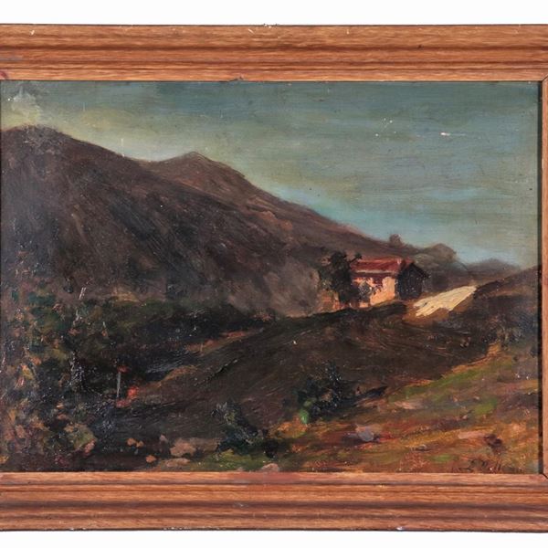 Pittore Italiano Fine XIX Secolo - Tracce di firma. "Paesaggio montano con casolare", piccolo dipinto ad olio su cartone pressato