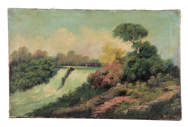Pittore Italiano Fine XIX Secolo - Firmato. "Veduta della Cascata del Sasso con pescatori", piccolo dipinto ad olio su tela