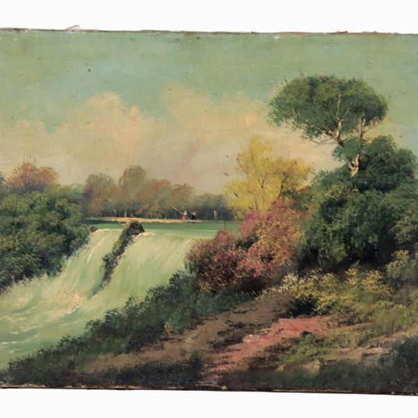 Pittore Italiano Fine XIX Secolo - Firmato. "Veduta della Cascata del Sasso con pescatori", piccolo dipinto ad olio su tela