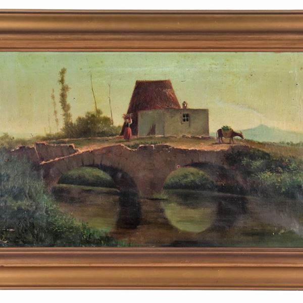 Pittore Italiano Fine XIX Secolo - "Landscape with bridge, stream and peasant woman with donkey", oil painting on canvas