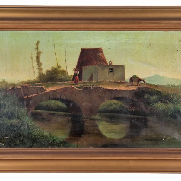 Pittore Italiano Fine XIX Secolo - "Paesaggio con ponticello, corso d'acqua e contadina con asinello", dipinto ad olio su tela