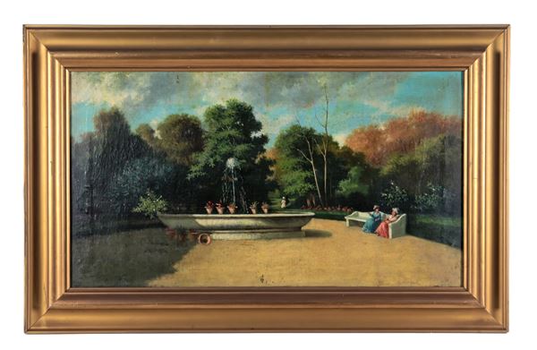 Scuola Italiana Fine XIX Secolo - "Veduta del parco di Villa Borghese con la  fontana oscura e donne in conversazione", dipinto ad olio su tela