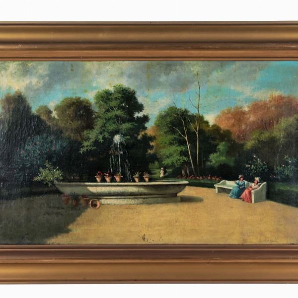 Scuola Italiana Fine XIX Secolo - "Veduta del parco di Villa Borghese con la  fontana oscura e donne in conversazione", dipinto ad olio su tela