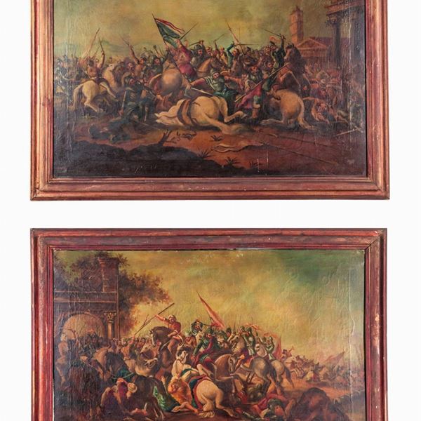 Scuola Italiana Fine XIX Secolo -  "Scene di battaglia", coppia di dipinti ad olio su tela