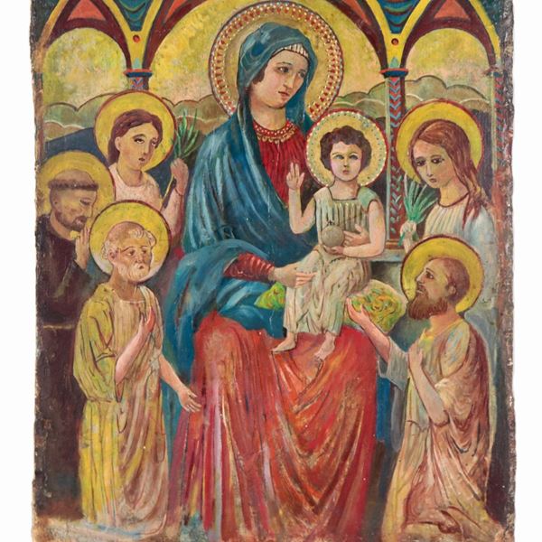 Scuola Italiana Fine XIX Secolo - "Madonna and Child Enthroned with Saints", oil painting on stone plaque