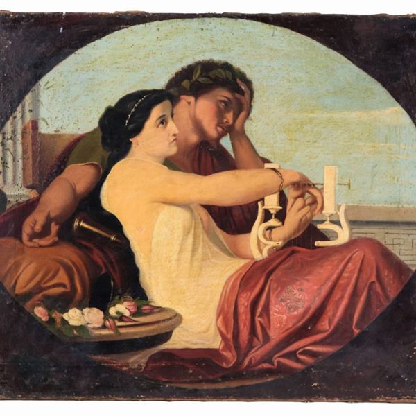Pittore Italiano Fine XIX Secolo - "Scena neoclassica", dipinto ovale ad olio su tela