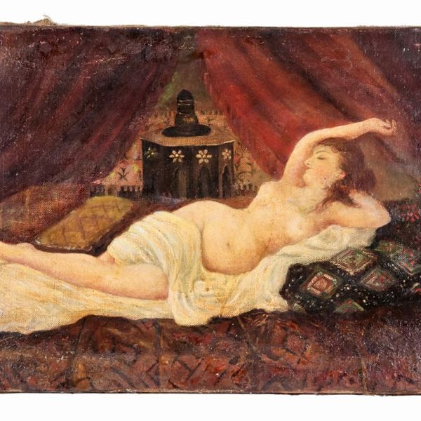 Scuola Italiana Fine XIX Secolo - "Nudo di donna sdraiata", dipinto ad olio su tela