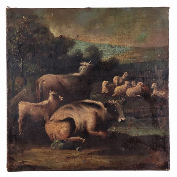 Scuola Italiana Inizio XIX Secolo - "Landscape with flock and herds", oil painting on canvas