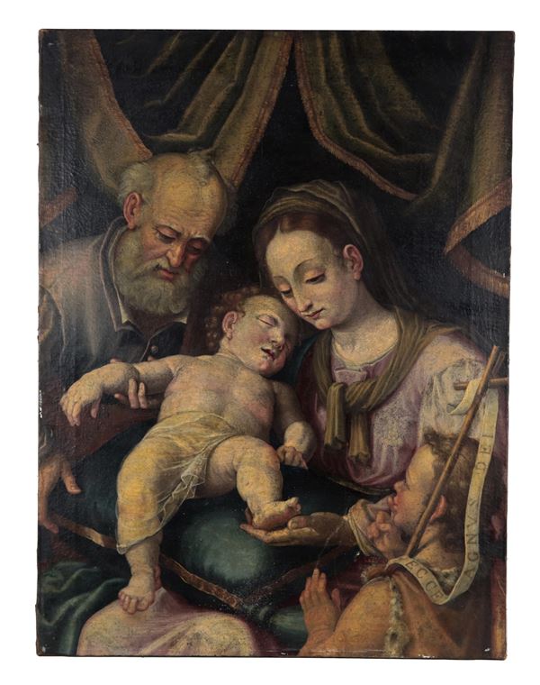 Scuola Italiana Inizio XVIII Secolo - "Holy Family with San Giovannino", oil painting on canvas of excellent pictorial execution