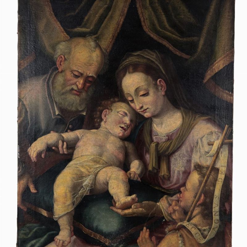 "Sacra Famiglia con San Giovannino", dipinto ad olio su tela di ottima esecuzione pittorica