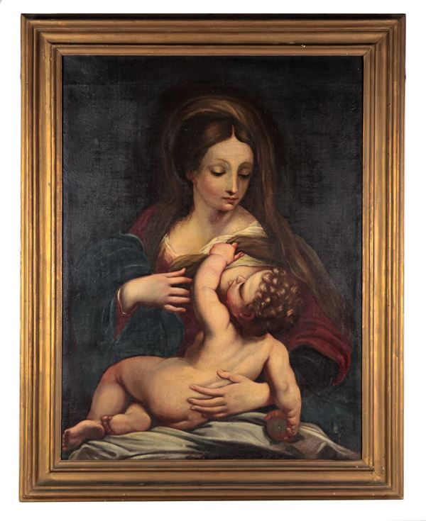 Scuola Italiana Inizio XVIII Secolo - "La Madonna del latte", pregevole dipinto ad olio su tela