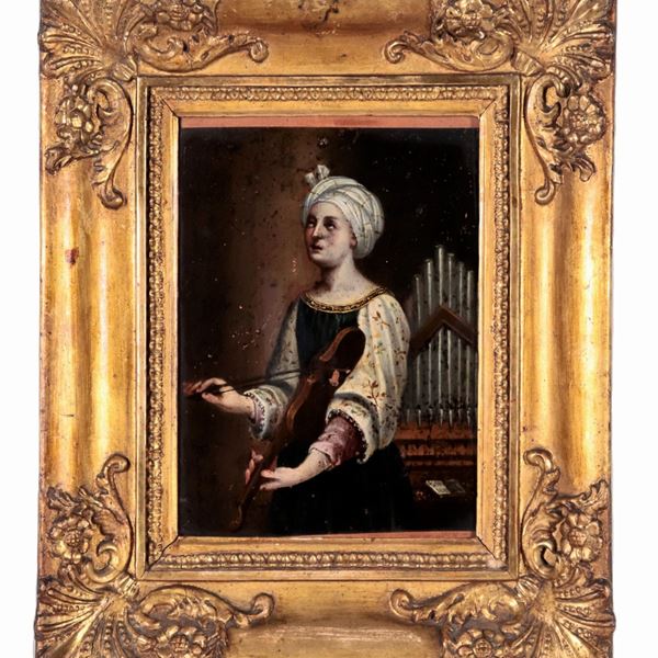 Pittore Italiano Fine XVII - Inizio XVIII Secolo - "Santa Cecilia", piccolo dipinto ad olio su rame