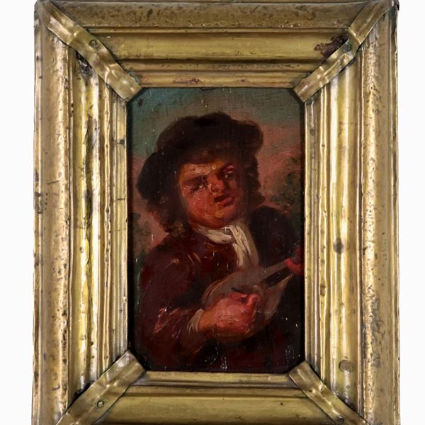 Faustino Bocchi - Bottega di. "Suonatore di liuto", piccolo dipinto ad olio su tavoletta