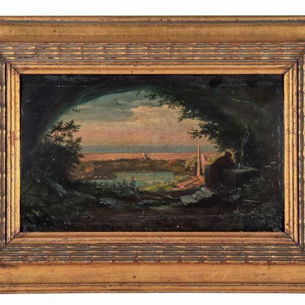 Scuola Italiana Fine XIX Secolo - "Veduta del Lago di Castelgandolfo", piccolo dipinto ad olio su tavoletta