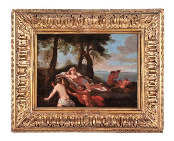 Scuola Bolognese Fine XVII Secolo - "Baccanale con Ninfe e Satiri", dipinto ad olio su tela