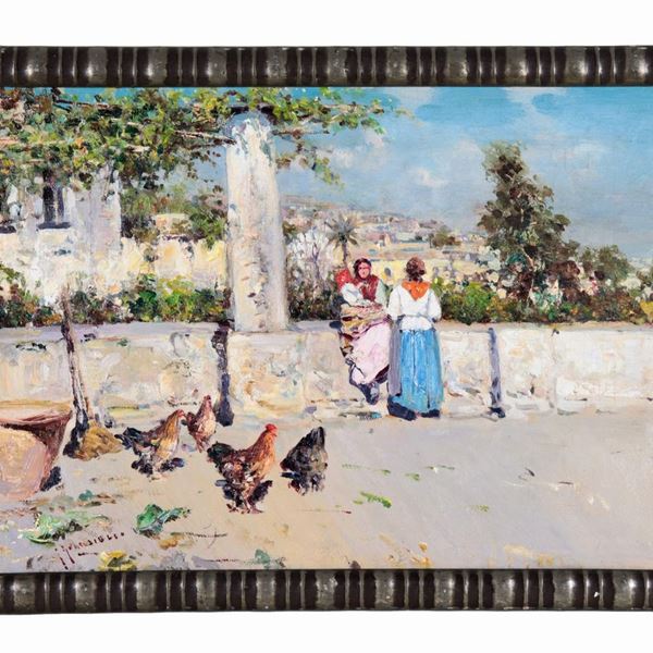 Giuseppe Giardiello - Firmato. "Terrazza a Capri con popolane e galline razzolanti", luminoso dipinto ad olio su tela