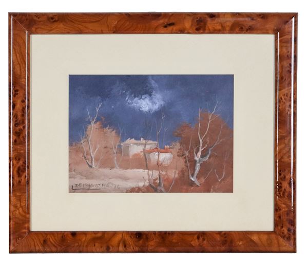 Leonardo De Magistris - Firmato e datato 1976. "Paesaggio autunnale con case", piccolo dipinto ad olio 