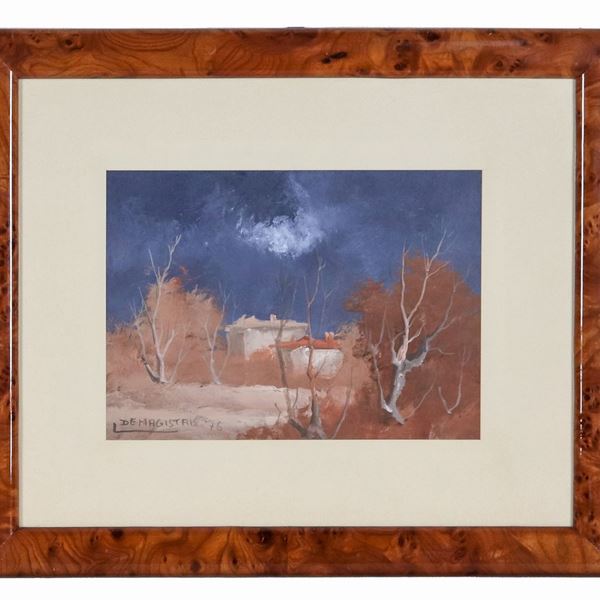 Leonardo De Magistris - Signed and dated 1976. "Autumn landscape with houses", small oil painting