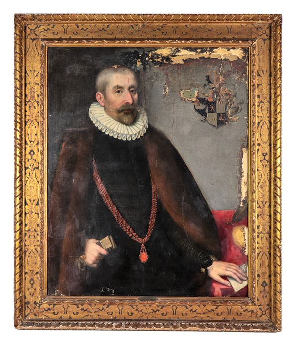 Federico Barocci - Bottega di. "Ritratto di Nobiluomo con collare  e stemma gentilizio", dipinto ad olio su tela