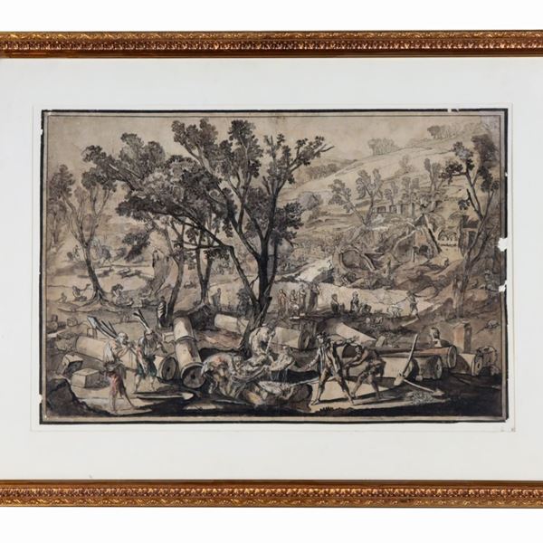 Scuola Siciliana Inizio XVIII Secolo - "Raccolta delle macerie dopo il terremoto del 1693 nella Sicilia orientale", disegno a china, acquarello, carboncino e biacca su carta 