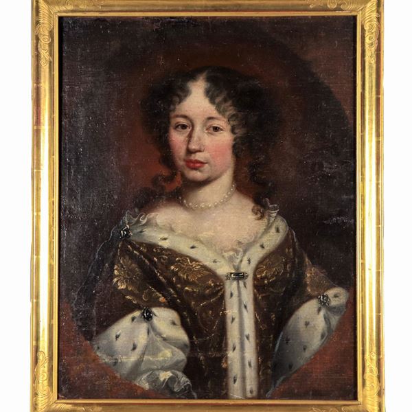 Ferdinand Voet detto Ferdinando de' ritratti - Allievo di. "Ritratto di giovane nobildonna con collana", dipinto ovale ad olio su tela applicata a tavola