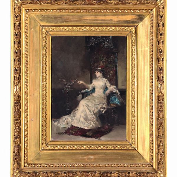 Pittore Francese Inizio XIX Secolo - "Interno con giovane dama in trono", piccolo dipinto ad olio su tavola