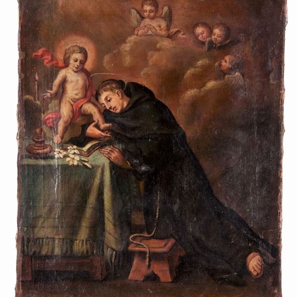 Scuola Italiana Inizio XIX Secolo - "Ascesi mistica di Sant'Antonio", piccolo dipinto ad olio su tela