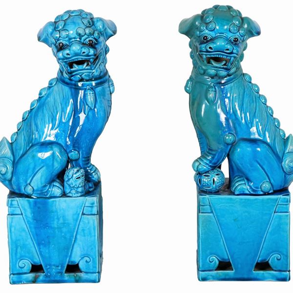 Coppia di sculture cinesi "Cani Foo" in porcellana azzurra