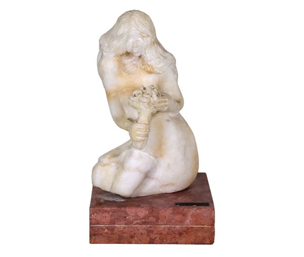 Nino Mandrici - "Flower girl", sculpture in alabaster marble, supported by a quadrangular base in brecciated marble
