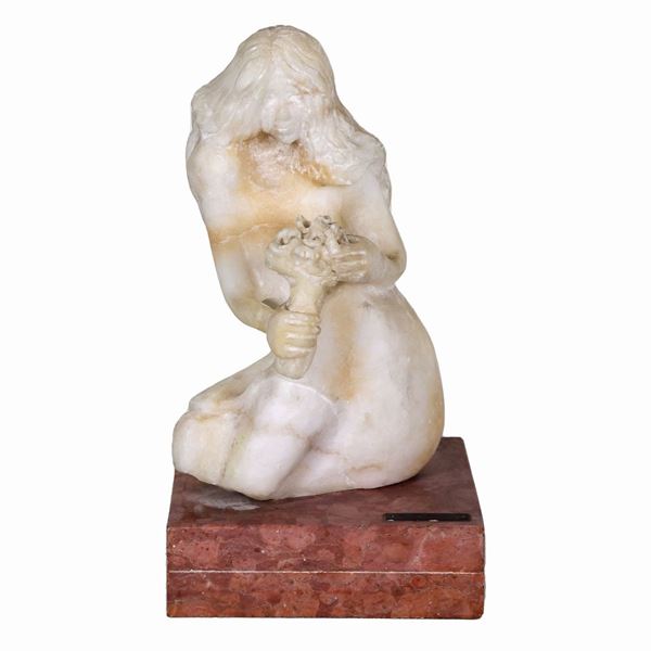 Nino Mandrici - "Fioraia", scultura in marmo di alabastro, sorretta da base quadrangolare in marmo brecciato