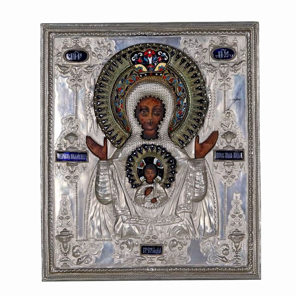 "Mother of God of the Sign", Russian icon painted on wood with silver metal lash, embossed and chiseled with applications in polychrome enamels