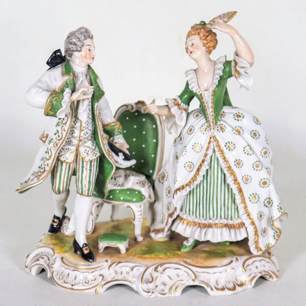 "Gallant scene", group in polychrome porcelain from Dresden