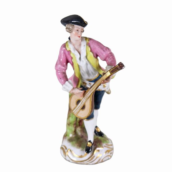 "Suonatore di liuto", antica statuina in porcellana policroma Vecchia Parigi